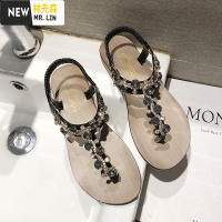 林先森凉鞋女2021夏季新款百搭人字夹脚趾水钻串珠平底仙女风沙滩罗马鞋凉鞋