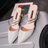 林先森2021新款包头百搭网红凉鞋粗跟中跟懒人两穿银色亮片高跟拖鞋女鞋凉鞋