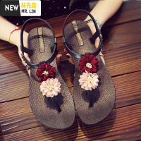 林先森平底凉鞋女2020年夏季气质简约学生外穿百搭夹脚人字花朵沙滩鞋潮凉鞋