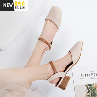 林先森粗跟凉鞋半包头2021新款中跟百搭淑女鞋一字扣带夏季玛丽珍女复古凉鞋