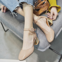 林先森2021春夏名媛韩版气质新款方头粗跟凉鞋女一字扣OL风粗跟高跟凉鞋凉鞋