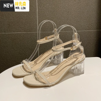 林先森透明一字扣带粗跟露趾凉鞋女2021夏季新款水晶跟气质韩版高跟鞋女凉鞋