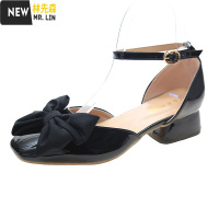 林先森包头凉鞋女2021春夏新款ins潮可爱蝴蝶结晚晚鞋粗跟一字扣小皮鞋凉鞋