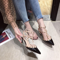 林先森铆钉凉鞋女高跟鞋女细跟尖头凉靴中跟2020夏季新款ins潮包头柳钉凉鞋