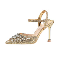 林先森公主婚纱水钻尖头凉鞋女细跟高跟鞋一字带水晶新娘单鞋婚鞋女鞋扣凉鞋