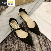 林先森*网红仙女风一字带凉鞋女2021夏季新款蝴蝶结包头高跟鞋女低跟潮凉鞋