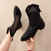 林先森凉靴女夏2021新款网纱镂空透气高筒长靴粗跟V口尖头罗马高跟凉鞋凉鞋