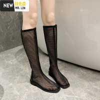 林先森网靴子女夏季2021年新款网纱长靴镂空平底罗马凉鞋高筒凉靴马丁靴凉鞋