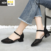 林先森2021春季新款包头大码凉鞋女41-43加宽 加肥妈妈中跟皮网纱鞋女凉鞋