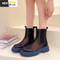 林先森蓝底烟筒靴马丁靴女夏季薄款2021年新款镂空透气渔网凉靴厚底凉鞋凉鞋