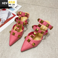 林先森法式少女玫红色高跟鞋2021新款春夏时尚T带铆钉后空包头外穿凉鞋凉鞋