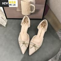 林先森尖头蝴蝶结法式小高跟2020新款凉鞋女夏包头细跟简约仙女风红色鞋凉鞋