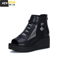 林先森2021春夏季新款坡跟网纱鱼嘴鞋女松糕厚底内增高凉鞋镂空透气凉靴凉鞋