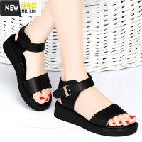 林先森皮凉鞋女2021年新款夏平底加宽大码加肥中年软底舒适厚底妈妈鞋凉鞋