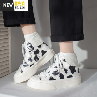 林先森帆布鞋女高帮奶牛ins潮2021春季新款百搭学生大头小白鞋帆布鞋