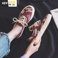 林先森韩版ins复古性感腰果花配色拼接印花时尚小众设计帆布鞋女鞋帆布鞋