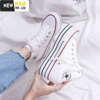 林先森内增高10厘米2021春季新款厚底女小个子板鞋33码小白高帮帆布鞋子帆布鞋