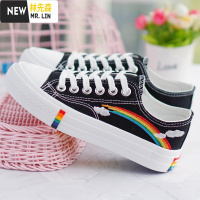 林先森小学生彩虹帆布鞋女童2021春秋新款初中女孩中大童平底运动板鞋子帆布鞋