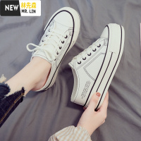 林先森半拖帆布鞋女2021夏季新款内增高小白鞋厚底松糕鞋一脚蹬懒人半托帆布鞋