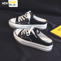 林先森春款内增高网红半拖帆布鞋女2021年新款夏季薄款厚底一脚蹬懒人鞋帆布鞋