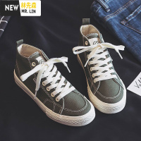 林先森高帮帆布鞋女2021新款豆沙色新款韩版ulzzang学生百搭板鞋潮帆布鞋