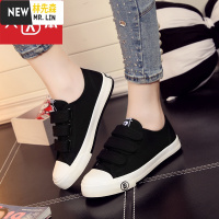 林先森黑色帆布鞋女平底板鞋百搭小白鞋透气布鞋学生魔术贴女鞋春秋帆布鞋