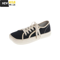 林先森韩国方头帆布鞋女鞋丑萌猪蹄鞋2021新款秋季社会百搭两穿小白鞋子帆布鞋