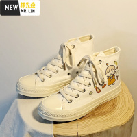 林先森可爱软妹日系手绘涂鸦少女小白鞋女百搭学生高帮白色帆布鞋ins潮帆布鞋