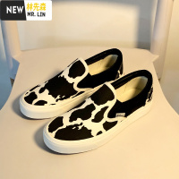 林先森徐小诺奶牛帆布鞋女百搭学生韩版平底复古港风一脚蹬懒人鞋ins潮帆布鞋