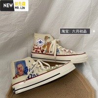 林先森帆布鞋女高帮印花涂鸦ins复古旧漫风韩版百搭学生秋季平底板鞋潮帆布鞋