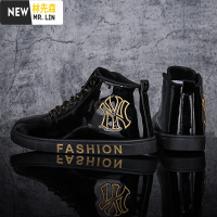 林先森黑色皮鞋男2020冬季新款潮鞋百搭潮流休闲高帮英伦鞋防水皮男鞋休闲鞋
