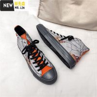 林先森男鞋子潮鞋复古帆布鞋男潮流百搭休闲高帮板鞋韩版学生印花涂鸦鞋休闲鞋