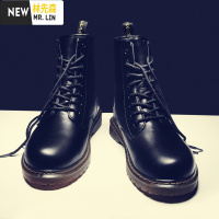 林先丁靴防滑防水厨房厨师鞋上班高帮休闲皮鞋男黑色工作鞋黑皮靴休闲鞋