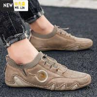 林先丁靴男袜子口高帮皮男鞋网面透气开车豆豆鞋男士靴子工装鞋子休闲鞋