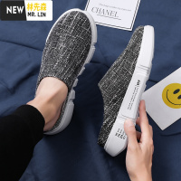 林先森夏季亚麻拖鞋男一脚蹬半踩懒人布拖办公室休闲包头帆布凉拖半托鞋拖鞋