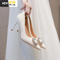 林先森法式高跟鞋女细跟7cm9尖头方扣主纱婚鞋白色蕾丝礼服新娘伴娘小码休闲鞋