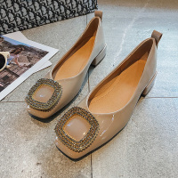 林先森2021年新款春款百搭方头平底低跟粗跟酒红色春秋新娘婚鞋单鞋女夏休闲鞋