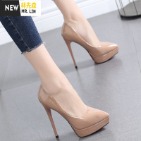 林先森鞋子女2021新款豆沙色百搭女鞋尖头高跟鞋细跟防水台浅口单鞋12M休闲鞋