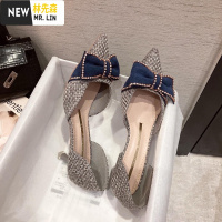林先森2021春季新款法式小高跟鞋女网红蝴蝶结细跟中空尖头单鞋新娘婚鞋休闲鞋