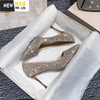 林先森主婚纱婚鞋2021年新款新娘鞋水晶百搭高跟鞋女尖头细跟亮片伴娘鞋休闲鞋