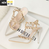 林先森铆钉高跟鞋女细跟2021年新款春夏夜店性感百搭一字扣尖头柳钉凉鞋休闲鞋
