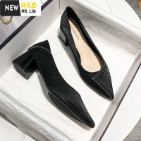 林先森法式浅色小高跟鞋女粗跟2021年春季新款尖头单鞋女中跟黑色礼服鞋休闲鞋