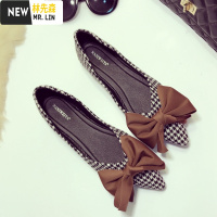 林先森尖头鞋平底单鞋舒适软底瓢鞋复古格子布浅口鞋四季平跟女鞋蝴蝶结休闲鞋