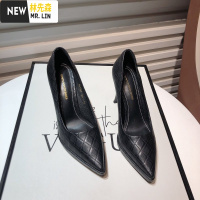 林先森法式高跟鞋女2021新款米色礼仪鞋性感尖头格子防水台10M细跟单鞋休闲鞋