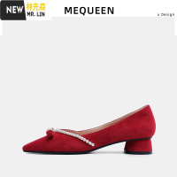 林先森珍珠红色婚鞋女低跟孕妇2021新款春季中式粗跟秀禾婚纱两穿新娘鞋休闲鞋