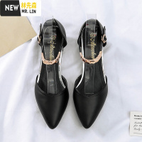 林先森一字扣单鞋2021春款四季新款尖头配裙子粗跟中跟仙女鞋温柔平底鞋休闲鞋