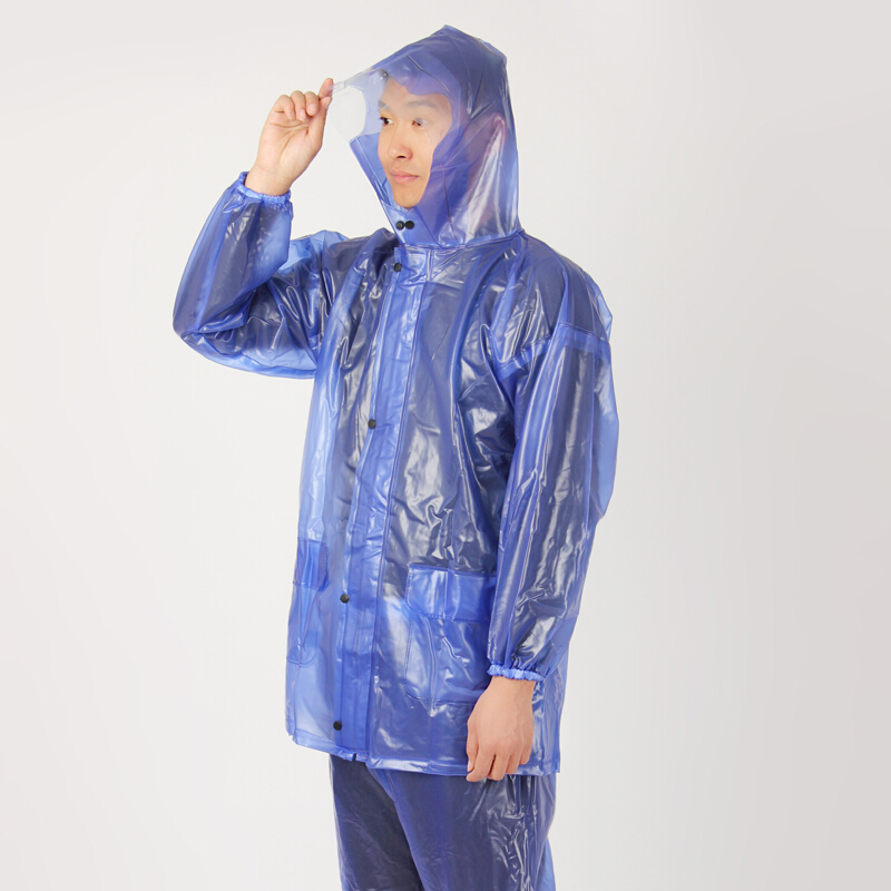 塑料透明分体雨衣雨裤套装大帽檐电动摩托车骑行男女带书包套宝蓝色衣