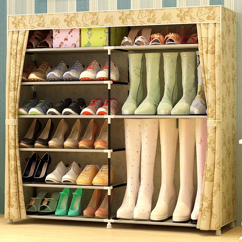 家时光 金属简易鞋柜鞋架可放靴子多层铁艺双排收纳防尘布鞋柜现代简约鞋架子图片