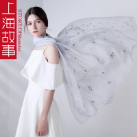 春秋新款上海故事真丝丝巾女士百搭民族风苏绣长款桑蚕丝围巾披肩