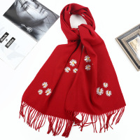 上海故事加厚小雏菊刺绣羊绒羊毛围巾女冬季百搭绣花春秋外搭披肩